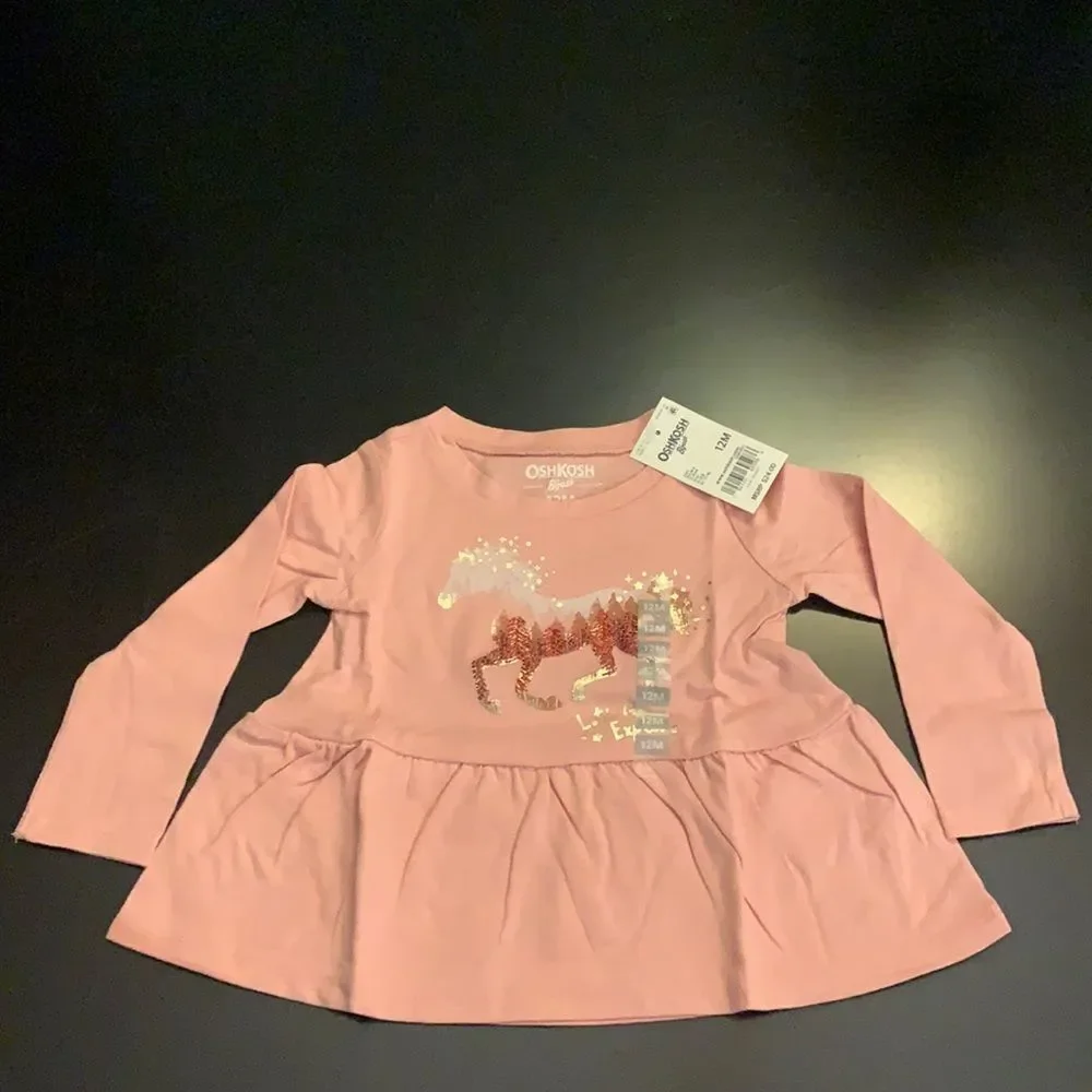OshKosh Pink Ruffle Horse Let's‎ Explore Long Sleeve Top Shirt 12 Months New